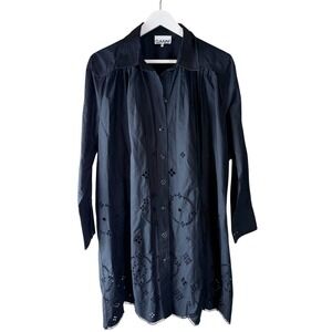 GANNI Broderie Anglais Shirt‎ Dress Black Organic Cotton Eyelet Sz 38 US 6 8